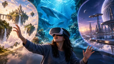Sanal dünyaları VR gözlüğüyle keşfeden kişi
