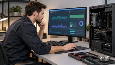 Yavaş bilgisayarın performansını inceleyen teknisyen