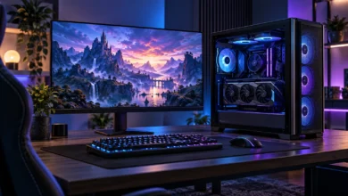 Monitör yanında aydınlatmalı oyun bilgisayarı kasası