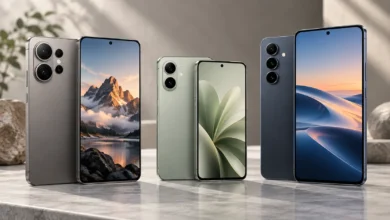 Farklı ekran ve kamera tasarımlarına sahip üç akıllı telefon