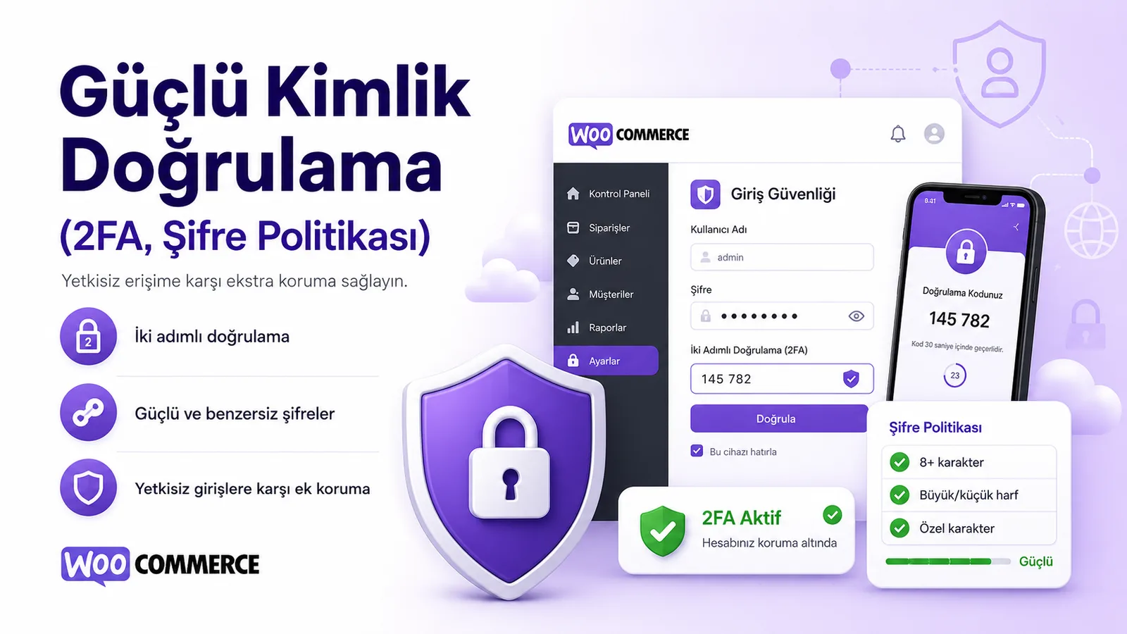 WooCommerce yönetici hesabında parola yöneticisi, iki adımlı doğrulama ve kurtarma kodu katmanları