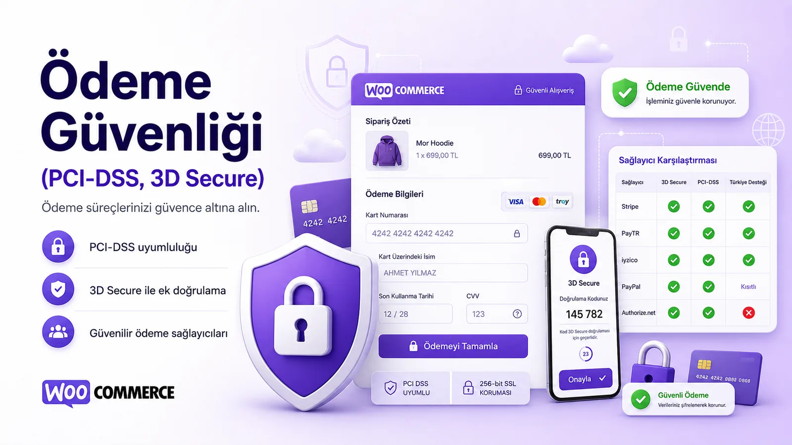 WooCommerce ödeme sayfasında mağaza, ödeme sağlayıcısı ve doğrulama katmanlarını gösteren güvenlik akışı