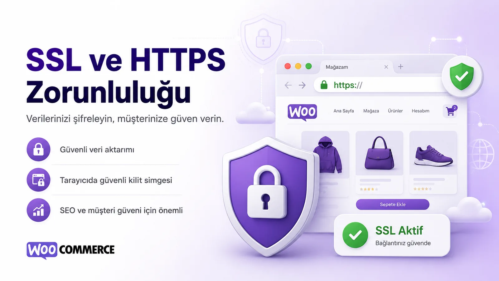 WooCommerce mağazasında tarayıcı, HTTPS sertifikası ve güvenli ödeme bağlantısı akışı