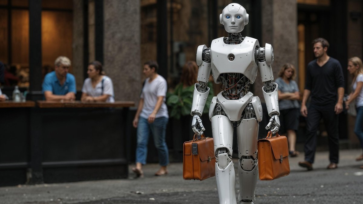 Yapay zeka ile değişen iş hayatını temsil eden robot ve ofis görseli