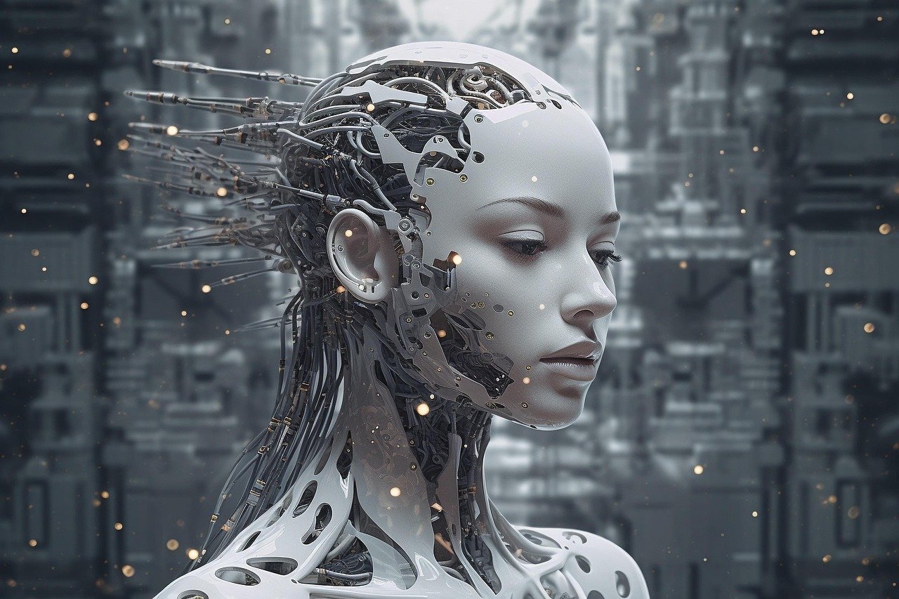 Yapay zeka temal dijital robot ve bilgisayar illustrasyonu