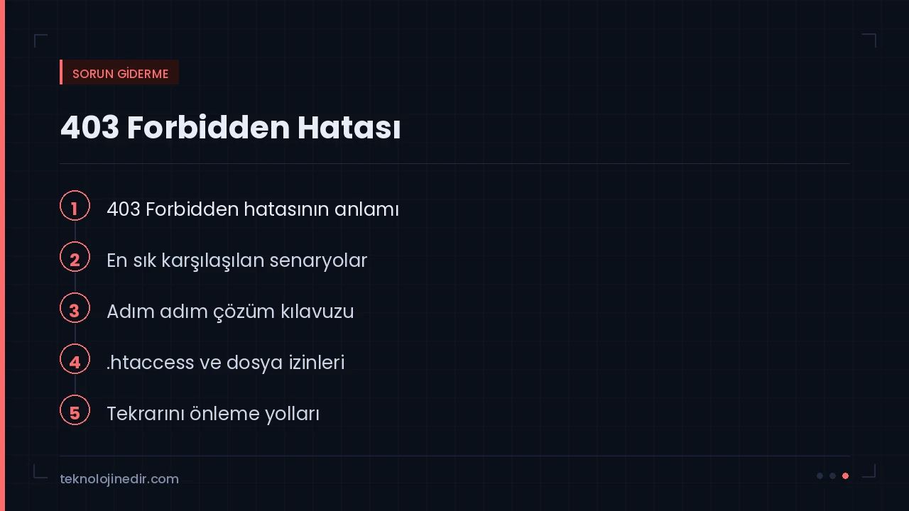 403 Forbidden Hatası rehberinde ele alınan ana başlıklar: 403 Forbidden hatasının anlamı, En sık karşılaşılan senaryolar