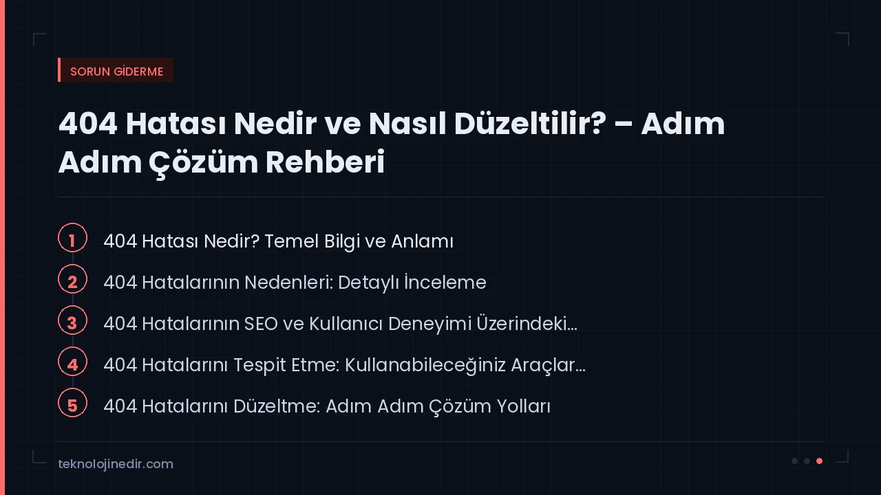 404 Hatası Nedir ve Nasıl Düzeltilir? – Adım Adım Çözüm Rehberi rehberinde ele alınan ana başlıklar: 404 Hatası Nedir? Temel Bilgi ve Anlamı, 404 Hatalarının Nedenleri: Detaylı İnc