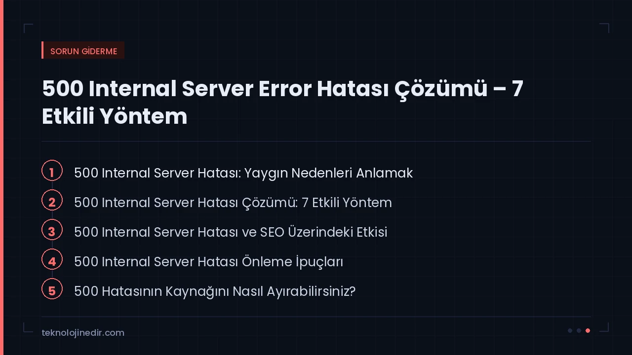 500 Internal Server Error Hatası Çözümü – 7 Etkili Yöntem rehberinde ele alınan ana başlıklar: 500 Internal Server Hatası: Yaygın Nedenleri Anlamak, 500 Internal Server Hatası Çözü