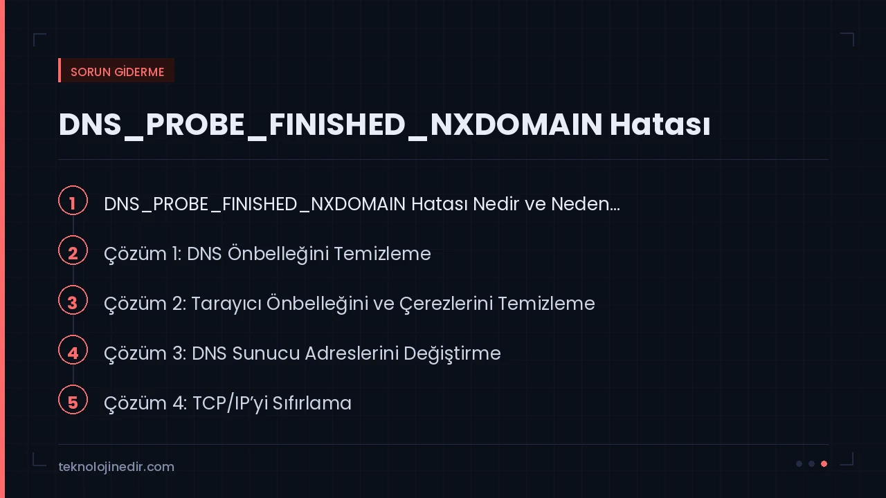 DNS_PROBE_FINISHED_NXDOMAIN Hatası rehberinde ele alınan ana başlıklar: DNS_PROBE_FINISHED_NXDOMAIN Hatası Nedir ve Neden…, Çözüm 1: DNS Önbelleğini Temizleme