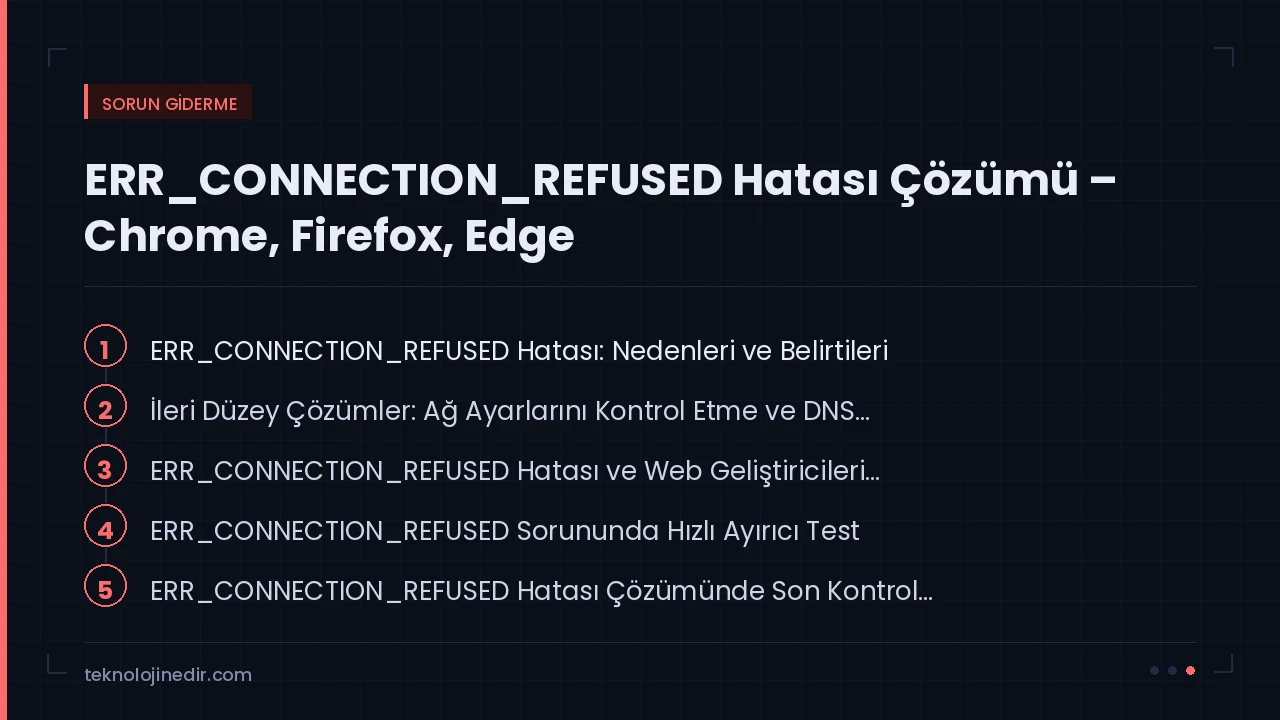 ERR_CONNECTION_REFUSED Hatası Çözümü – Chrome, Firefox, Edge rehberinde ele alınan ana başlıklar: ERR_CONNECTION_REFUSED Hatası: Nedenleri ve Belirtileri, İleri Düzey Çözümler: Ağ 