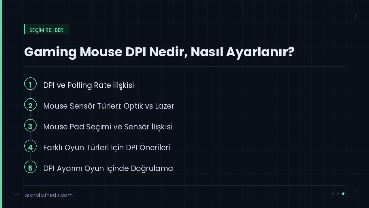 Gaming Mouse DPI Nedir, Nasıl Ayarlanır? rehberinde ele alınan ana başlıklar: DPI ve Polling Rate İlişkisi, Mouse Sensör Türleri: Optik vs Lazer