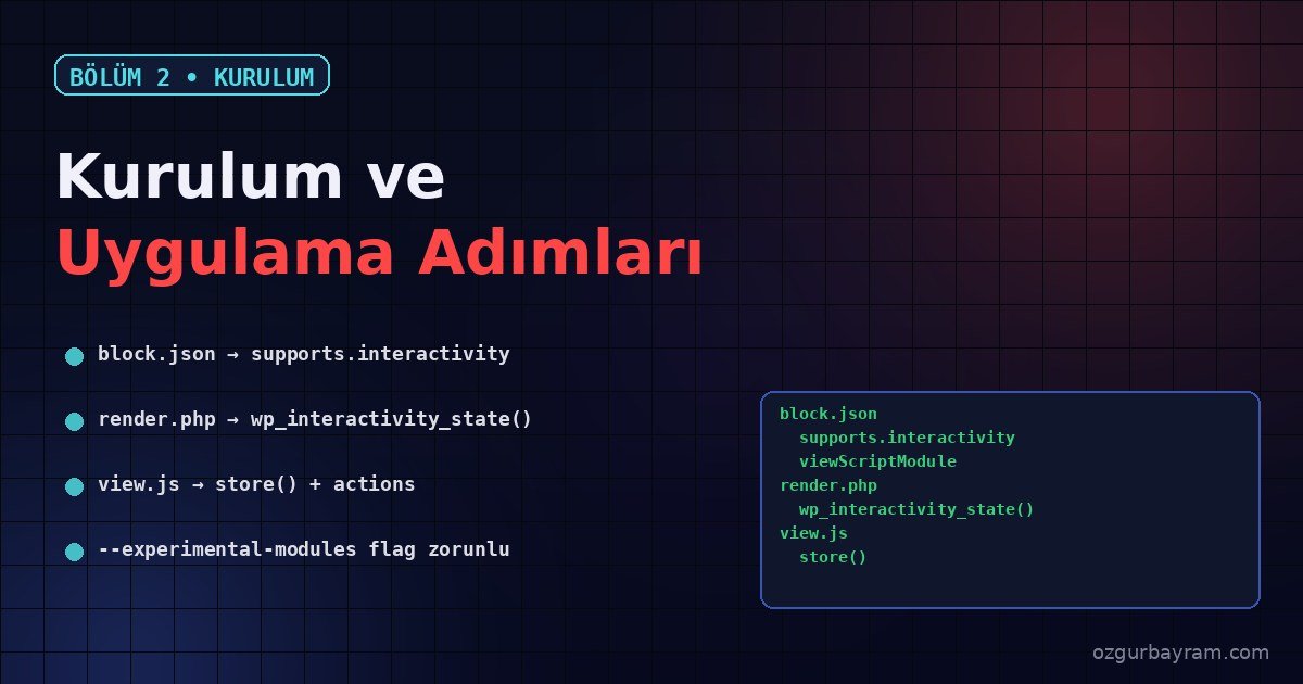 block.json içinde interactivity desteği ve view script modülü tanımının gösterimi