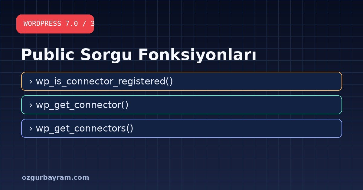 Connector kayıtlarını sorgulayan üç public PHP fonksiyonu