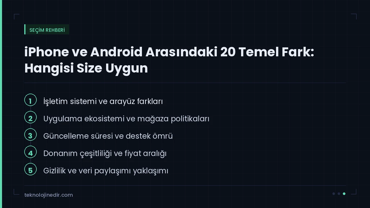 iPhone ve Android Arasındaki 20 Temel Fark: Hangisi Size Uygun rehberinde ele alınan ana başlıklar: İşletim sistemi ve arayüz farkları, Uygulama ekosistemi ve mağaza politikaları