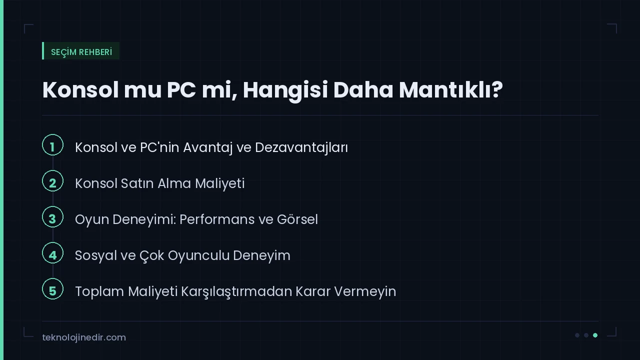 Konsol mu PC mi, Hangisi Daha Mantıklı? rehberinde ele alınan ana başlıklar: Konsol ve PC'nin Avantaj ve Dezavantajları, Konsol Satın Alma Maliyeti