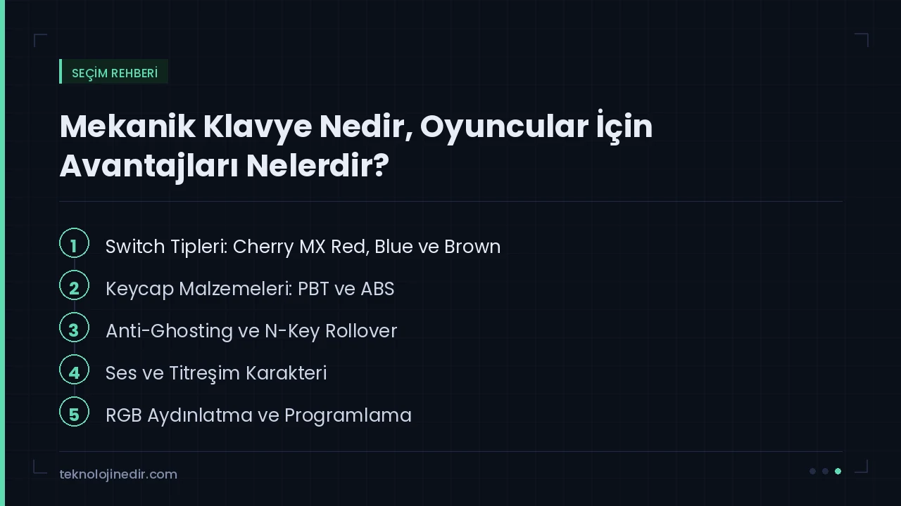 Mekanik Klavye Nedir, Oyuncular İçin Avantajları Nelerdir? rehberinde ele alınan ana başlıklar: Switch Tipleri: Cherry MX Red, Blue ve Brown, Keycap Malzemeleri: PBT ve ABS
