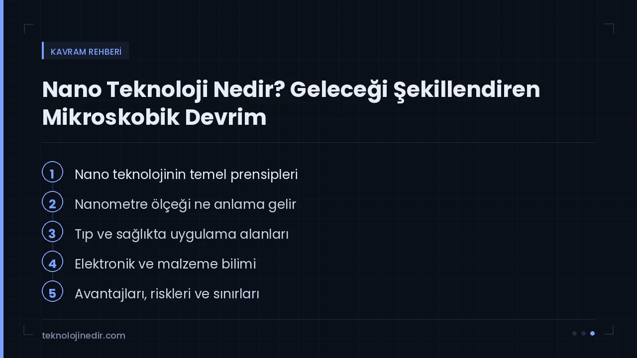 Nano Teknoloji Nedir? Geleceği Şekillendiren Mikroskobik Devrim rehberinde ele alınan ana başlıklar: Nano teknolojinin temel prensipleri, Nanometre ölçeği ne anlama gelir