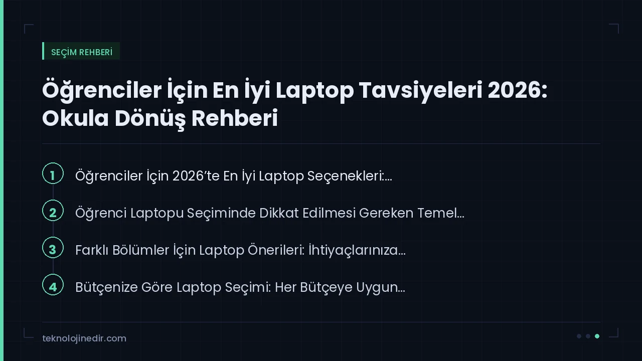 Öğrenciler İçin En İyi Laptop Tavsiyeleri 2026: Okula Dönüş Rehberi rehberinde ele alınan ana başlıklar: Öğrenciler İçin 2026’te En İyi Laptop Seçenekleri:…, Öğrenci Laptopu Seçimi