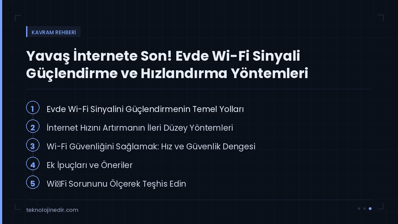 Yavaş İnternete Son! Evde Wi-Fi Sinyali Güçlendirme ve Hızlandırma Yöntemleri rehberinde ele alınan ana başlıklar: Evde Wi-Fi Sinyalini Güçlendirmenin Temel Yolları, İnternet Hızın