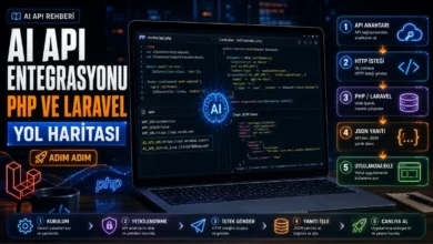 PHP ve Laravel ile AI API entegrasyonunu anlatan rehber görseli; API anahtarı, HTTP isteği, JSON yanıtı ve uygulamaya entegrasyon adımları.
