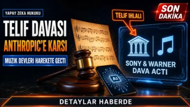 Anthropic telif hakkı davasını konu alan mahkeme ve müzik notası temalı haber görseli