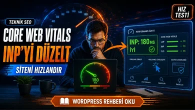 Core Web Vitals ve INP optimizasyonunu anlatan, 180 ms INP değeri ve iyi performans skorunu gösteren teknik SEO görseli