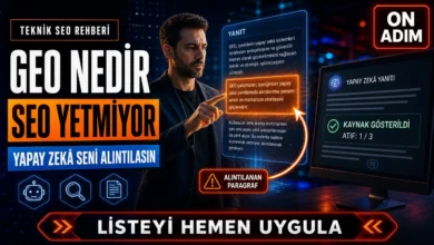 GEO çalışmasıyla içeriğin yapay zekâ arama motorlarında alıntılanmasını anlatan SEO görseli