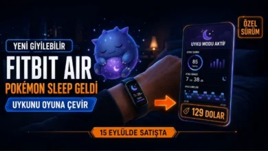 Fitbit Air ve Pokémon Sleep entegrasyonunu, uyku takibi özelliğini ve 129 dolar fiyat bilgisini gösteren giyilebilir teknoloji görseli