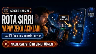 Google Maps'in yapay zekâ ile rota belirleme sürecini simgeleyen telefon ve harita görseli