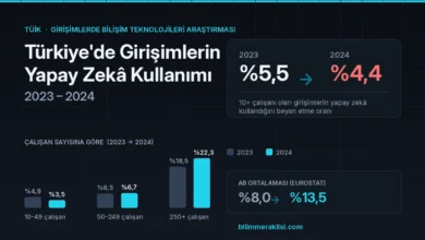 TÜİK verilerine göre yapay zekâ kullanan girişimlerin oranı 2023'te %5,5, 2024'te %4,4 oldu. Düşüşün nedeni, ölçek kırılımı ve AB ile karşılaştırma.