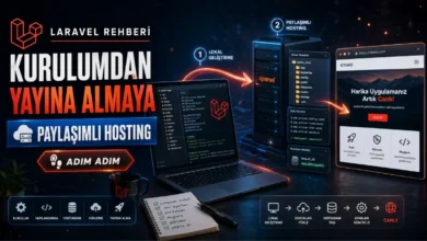 Laravel kurulumundan paylaşımlı hostingde yayına alma sürecini anlatan Laravel rehberi görseli; kodlama, cPanel, veritabanı ve canlı site aşamaları.