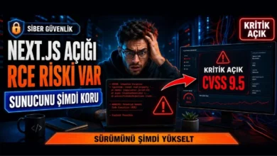 Next.js güvenlik açığı, RCE riski ve kritik CVSS 9.5 uyarısını anlatan siber güvenlik temalı öne çıkan görsel