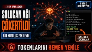 Açık kaynak paketlerini hedef alan Shai-Hulud tedarik zinciri saldırısını ve polis operasyonunu simgeleyen görsel