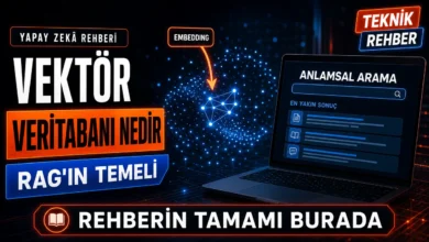 Vektör veritabanı nedir sorusunu görselleştiren, embedding noktalarının anlamsal arama ile eşleştirildiği kapak görseli