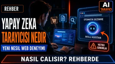 Yapay zeka tarayıcısı nedir sorusunu görselleştiren dizüstü bilgisayar ve akıllı asistan görseli
