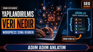 Yapılandırılmış veri nedir sorusunu anlatan kod ve etiket ikonlarıyla dizüstü bilgisayar görseli