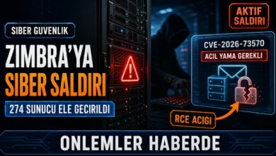 Zimbra sunucularına siber saldırı kampanyasını simgeleyen sunucu ve uyarı ışığı görseli
