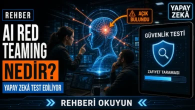 AI Red Teaming nedir sorusunu görselleştiren, bir yapay zekâ modelinin güvenlik açıkları için test edildiği laboratuvar sahnesi
