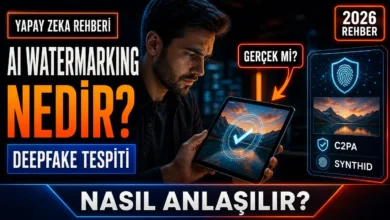 AI watermarking nedir sorusunu görselleştiren, tablette C2PA ve SynthID doğrulama ekranı inceleyen kişi