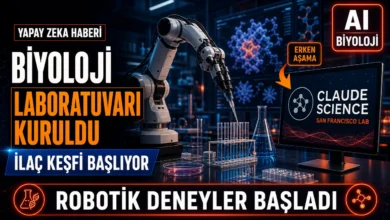 Anthropic biyoloji laboratuvarı içinde robotik kol ile ilaç keşfi deneyi yapılırken Claude Science ekranı