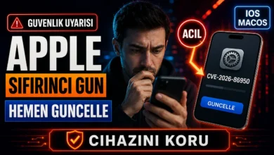 Apple sıfırıncı gün açığı CVE-2026-86950 için yayınlanan güncelleme uyarısını gösteren görsel