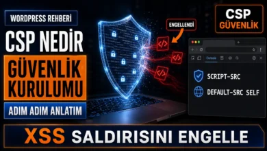 Content security policy nedir sorusunu anlatan, kötü amaçlı script'leri engelleyen dijital güvenlik kalkanı görseli