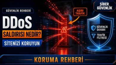 DDoS saldırısı nedir sorusunu anlatan, aşırı trafikle kızıl renkte parlayan sunucu odası görseli