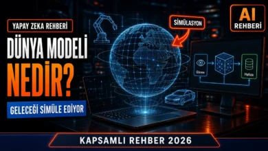 Dünya modeli nedir sorusunu temsil eden, robot kolu ve araç simülasyonlarıyla çevrili holografik küre