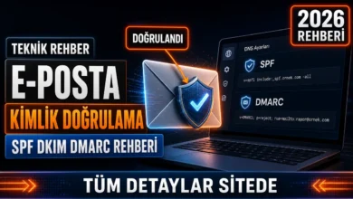 E-posta kimlik doğrulama sürecini gösteren SPF ve DMARC ekranlı dizüstü bilgisayar görseli