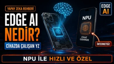 Edge AI nedir sorusunu görselleştiren, NPU çipiyle cihaz üzerinde çalışan yapay zeka görseli