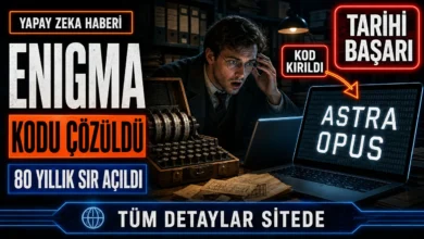 Yapay zeka Enigma kodu çözüldü haberini gösteren dizüstü bilgisayar ve eski Enigma şifreleme makinesi
