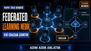Federated Learning nedir sorusunu görselleştiren, telefonların merkezi sunucuya veri göndermeden model eğittiği şema