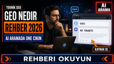 GEO nedir sorusunu görselleştiren, yapay zeka arama motorunda içerik görünürlüğünü anlatan tanıtım görseli