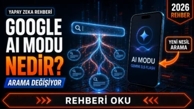 Google AI Modu nedir sorusunu görselleştiren, dallanan arama sorgularını simgeleyen temsili görsel